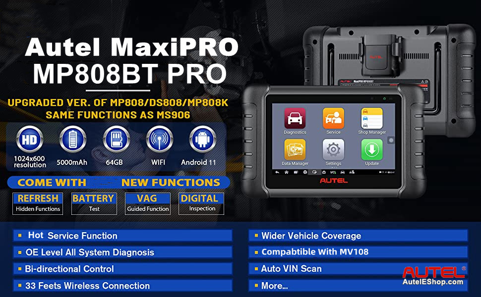 Autel MaxiPRO MP808BT PRO KIT w/All 11PCS Adapters, 2-Year Update [$700],  2024 Advanced ECU Coding as MS906 PRO, Newer of MS906BT MP808S MP808BT